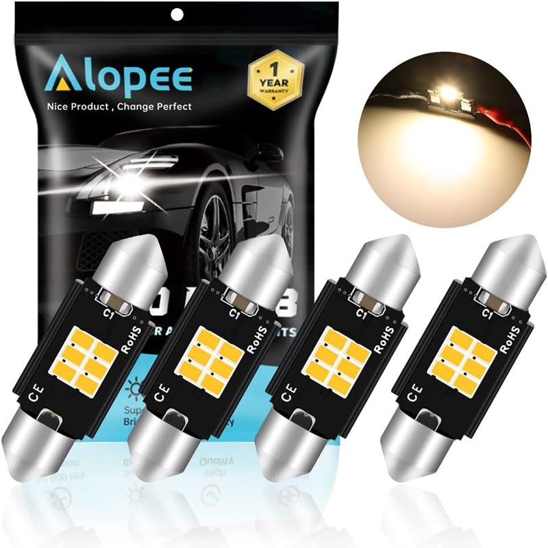 Alopee 578 LED Bulb 1.61"/41mm Festoon Warm White 3000K 211-2 Bulb Non-Polarity Error Free Replacement for 569 578 211-2 212-2 6411 Car Interior Dome Light, Pack of 4, DC 9-18V - Image 1